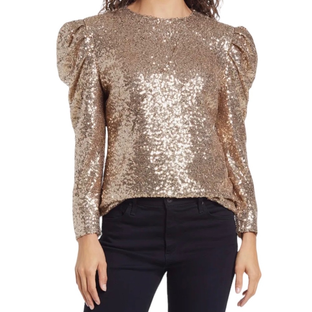 Rachel Parcel Sequin Puff Shoulder Top Gold Small